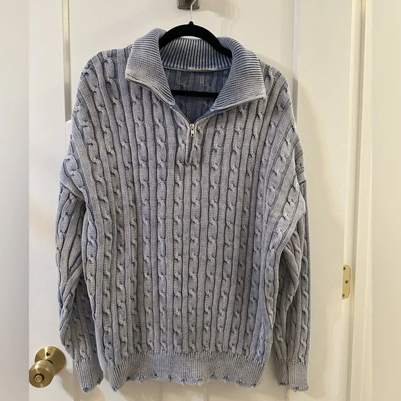 Blue cable knit 1/4 zip sweater with collar - like new only worn once - Picture 2 of 4